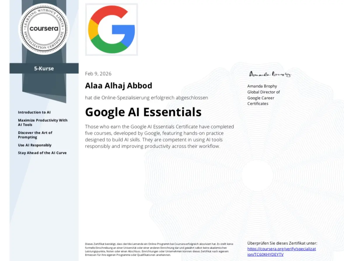 Google AI Essentials certificate — Alaa Abbod